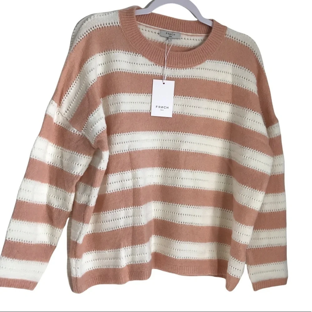 FRNCH Paris  Long Sleeve Pullover Sweater Crew Neck Striped White/Tan SZ S/M
